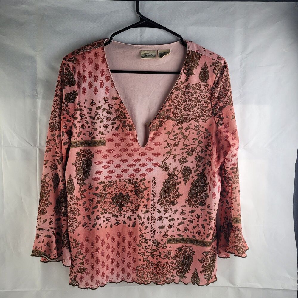 St John's Bay pink and brown paisley sheer ls top Sz Xl